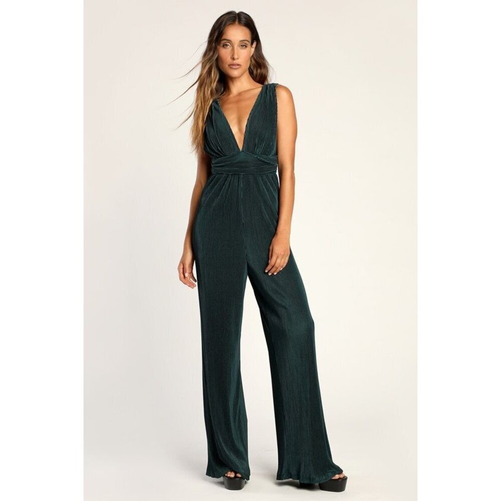 Lulu’s Plisse Be Mine Teal Green Plisse Wide-leg Jumpsuit